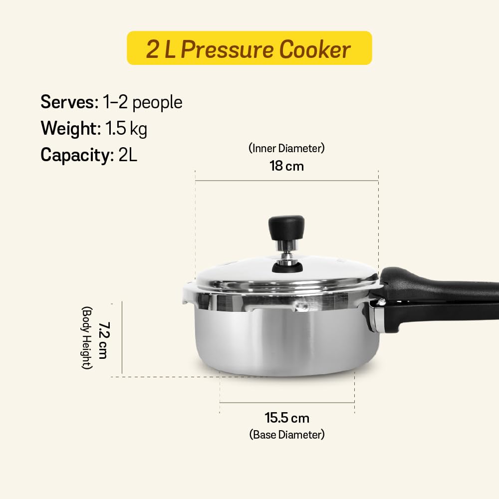 Meyer Presta Tri-Ply Stainless Steel Pressure Cooker 2.0L | Induction & Gas Compatible | ISI Certified | Outer Lid | 5 Years Warranty