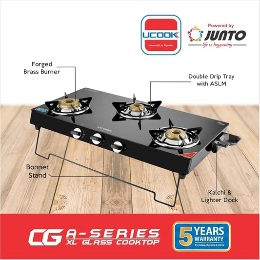 UCOOK JUNTO By United Ekta Engg. CG4003 A Series XL Gas Stove With Glass Cooktop (3 Burners)