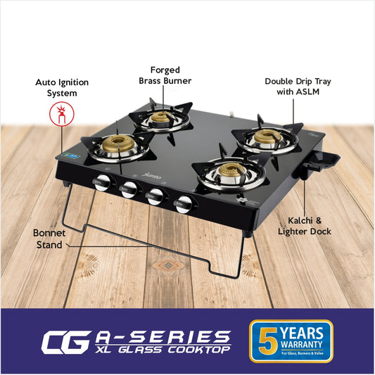 UCOOK JUNTO By United Ekta Engg. CG5004|A series XL Four Burners Glass cooktop, Black