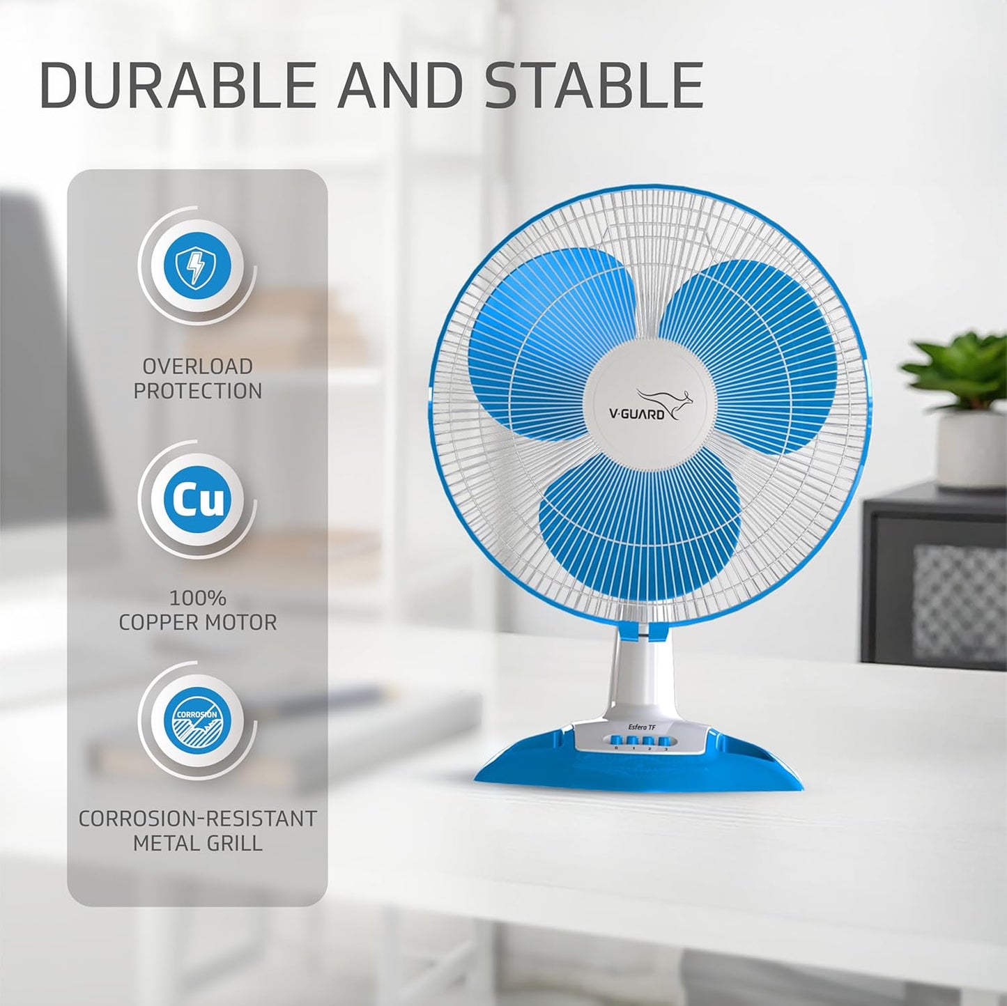 V-Guard Esfera Table Fan | 3 Speed Settings | 1350 RPM Powerful Motor | Corrosion Resistant Powder-Coated Metal Guards | White Blue | 40cm (400mm)