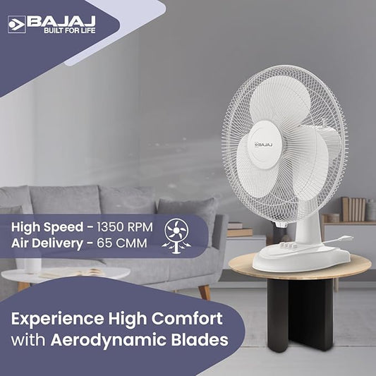 Bajaj Frore Neo Table Fan 400 MM | Table Fans For Home & Office | Aerodynamically Balanced Blades | 100% Copper Motor | High Air Delivery | 3-Speed Control | 2-Yrs Warranty 【White】
