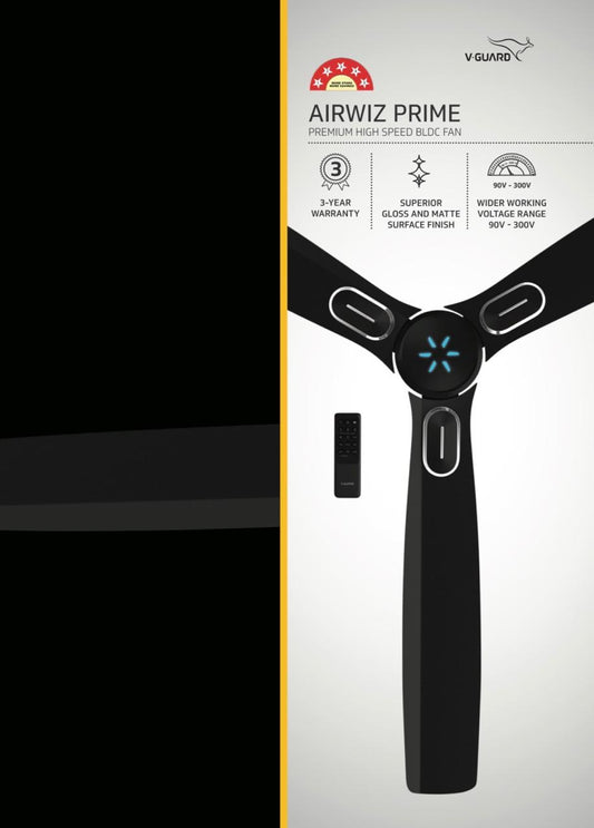 V-Guard AIRWIZ PRIME PREMIUM HIGH SPEED (48") 370 RPM with 3 Year Warranty BLDC Motor with Remote 1200 mm Ceiling Fan Starry Black Matte