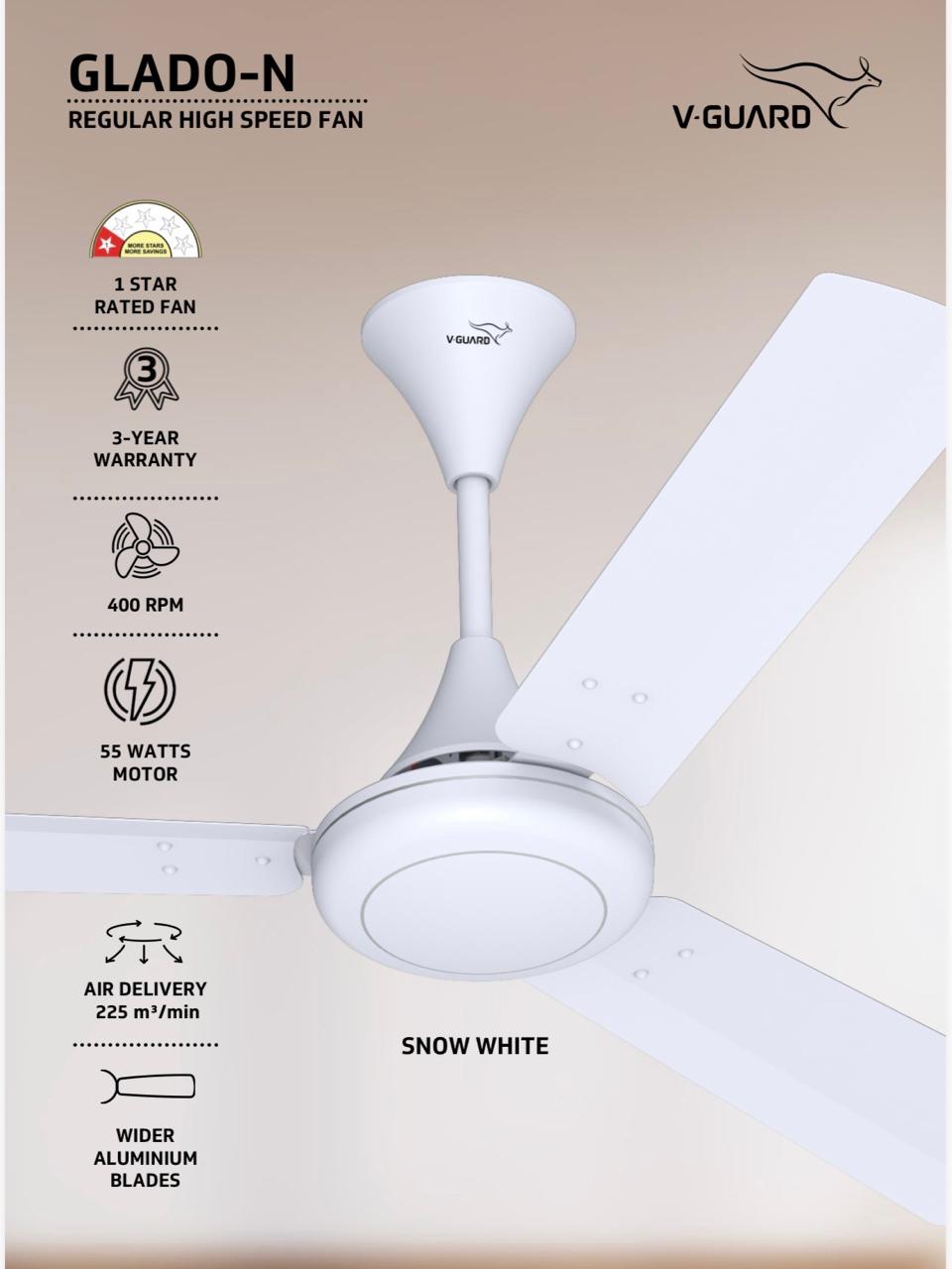 V-Guard Glado-N Ultra High-Speed Ceiling Fan for Home | 400 RPM | Aerodynamically Designed Blades | 1.2M Sweep | Snow White
