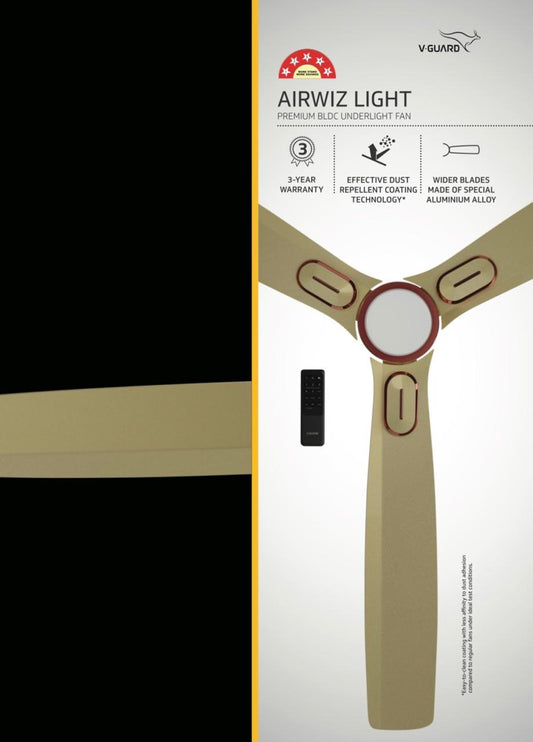V-Guard AIRWIZ LIGHT PREMIUM HIGH SPEED | 6W LED UNDER LIGHT (48") 370 RPM with 3 Year Warranty BLDC Motor with Remote 1200 mm Ceiling Fan (5 Star | Imperial Gold
