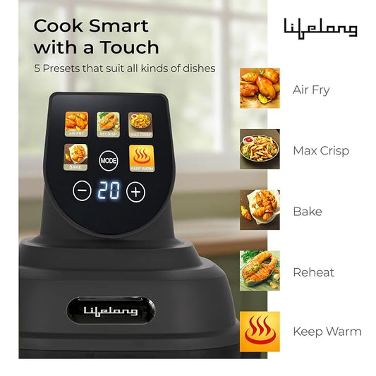 Lifelong Dual Glass Basket Air Fryer | Interchangeable Borosilicate Glass Bowls (4.1L, 1.6L) with Lids | 1500W, 5 Preset, Non-Slip Silicone Mat, DIY Mode, Toxin Free, No Coatings, 360° Air Circulation