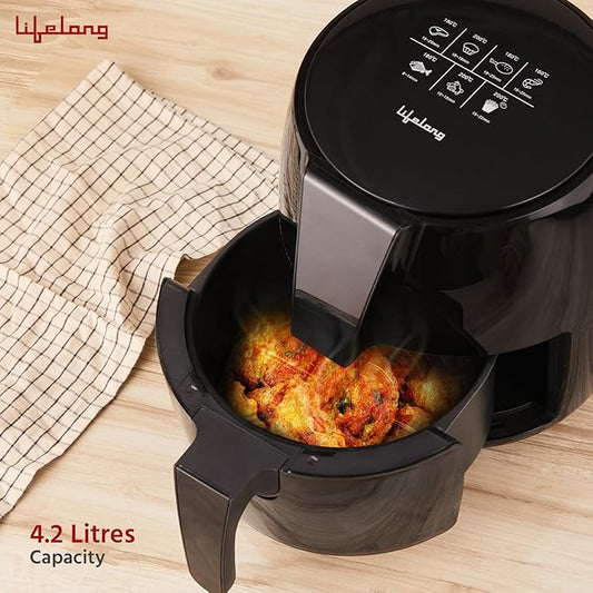 Lifelong Air Fryer | 1 Year Warranty | 1350W, 4.2L, Air Fryer for Home, Digital Air-Fryer with 6 Presets, Hot Air Circulation, Temperature & Timer Control, Up to 90% Less Oil Usage (Black)