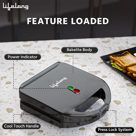 Lifelong Sandwich Griller 750 W, Classic Pro - Auto Cut off & Power Indicator | Sandwich Maker with 4 Slice Non-Stick | Fixed Plates for Sandwiches at Home with 1 Year Warranty (Black)
