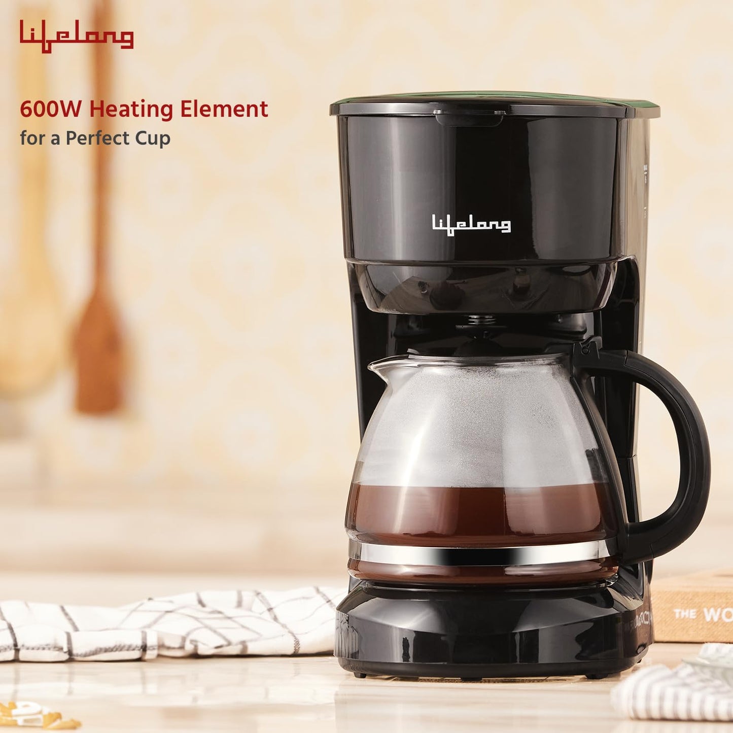 Lifelong drip coffee maker 5 cups, reusable filter, black finish, for home use