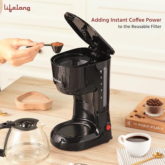 Lifelong drip coffee maker, reusable filter, black finish, for home use