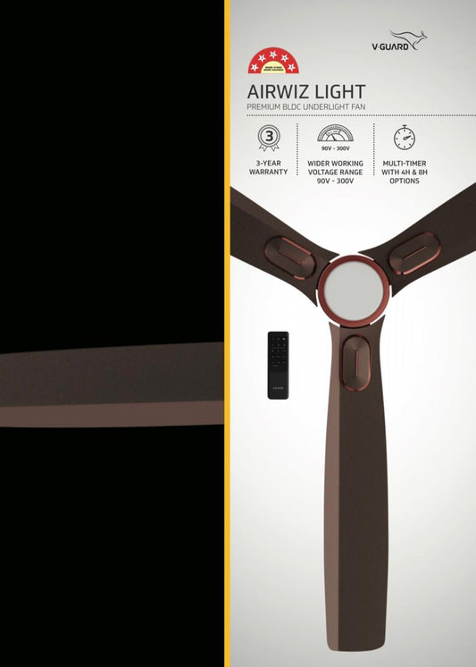 V-Guard AIRWIZ LIGHT PREMIUM HIGH SPEED | 6W LED UNDER LIGHT (48") 370 RPM with 3 Year Warranty BLDC Motor with Remote 1200 mm Ceiling Fan (5 Star | Elegance Brown Matt