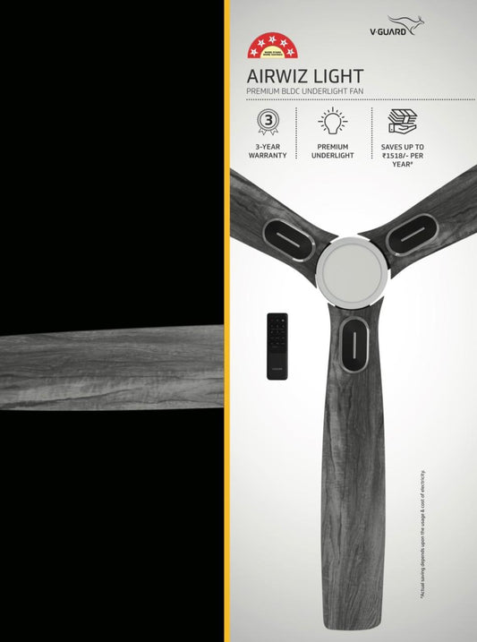 V-Guard AIRWIZ LIGHT PREMIUM HIGH SPEED | 6W LED UNDER LIGHT (48") 370 RPM with 3 Year Warranty BLDC Motor with Remote 1200 mm Ceiling Fan (5 Star | Pine Wood Black