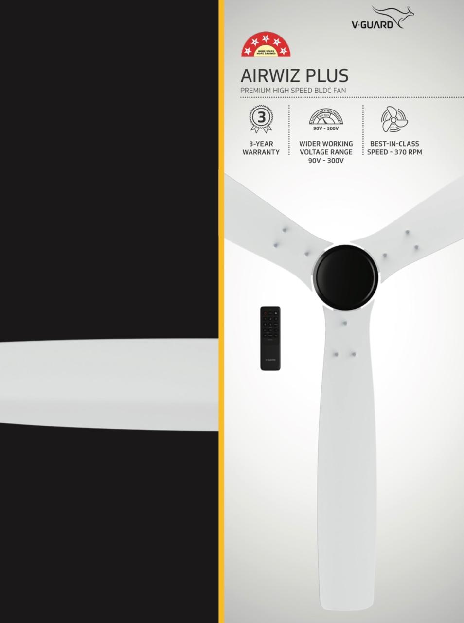 V-Guard AIRWIZ PLUS PREMIUM HIGH SPEED (48") 370 RPM with 3 Year Warranty BLDC Motor with Remote 1200 mm Ceiling Fan (5 Star | WHITE
