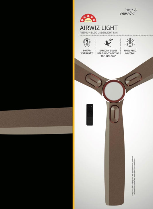 V-Guard AIRWIZ LIGHT PREMIUM HIGH SPEED | 6W LED UNDER LIGHT (48") 370 RPM with 3 Year Warranty BLDC Motor with Remote 1200 mm Ceiling Fan (5 Star | Caramal Brown