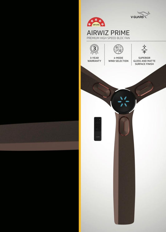 V-Guard AIRWIZ PRIME PREMIUM HIGH SPEED (48") 370 RPM with 3 Year Warranty BLDC Motor with Remote 1200 mm Ceiling Fan (5 Star | ELEGANCE BROWN MATTE