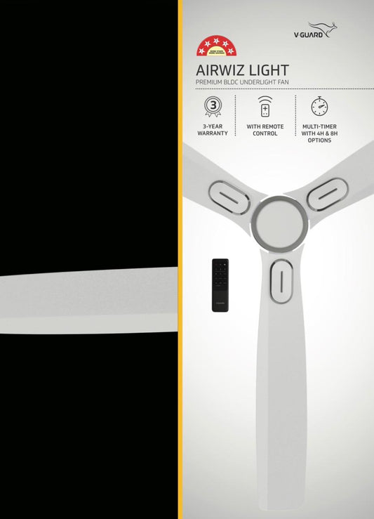 V-Guard AIRWIZ LIGHT PREMIUM HIGH SPEED | 6W LED UNDER LIGHT (48") 370 RPM with 3 Year Warranty BLDC Motor with Remote 1200 mm Ceiling Fan (5 Star | Blossom White