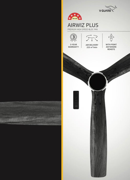 V-Guard AIRWIZ PLUS PREMIUM HIGH SPEED (48") 370 RPM with 3 Year Warranty BLDC Motor with Remote 1200 mm Ceiling Fan (5 Star | PINE WOOD SILVER