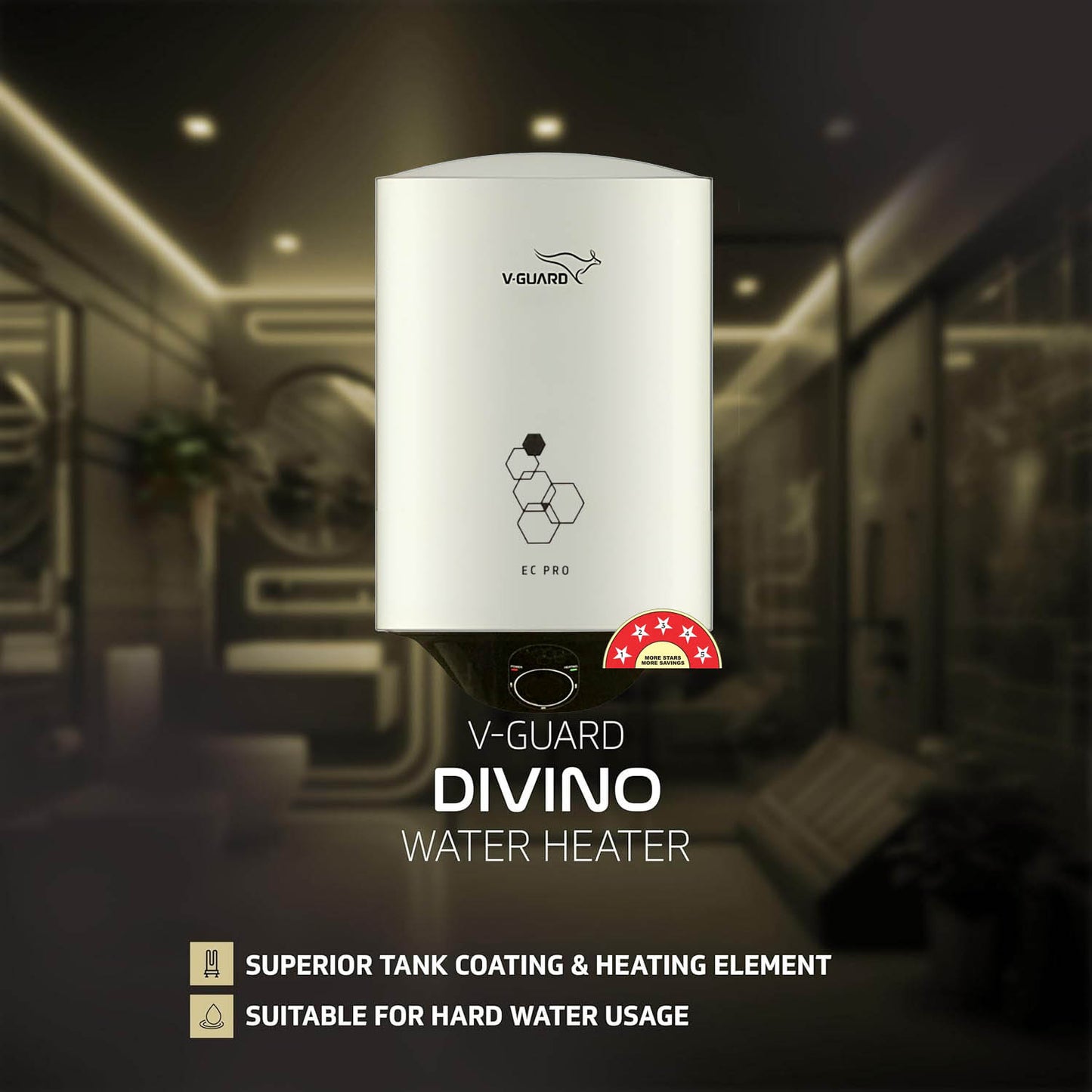 V-Guard EC pro 25L Storage Water Heater with glass-lined AC (anti-corrosion) coating, White