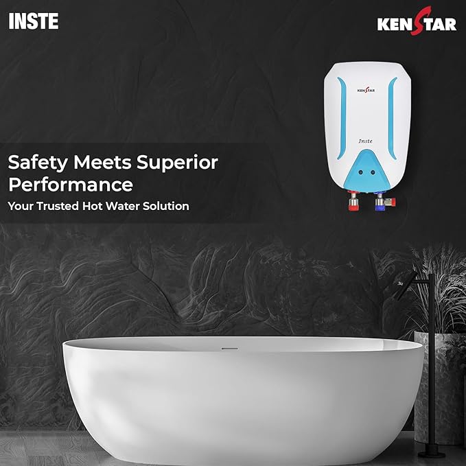 Kenstar Inste 3L 3KW Vertical Instant Water Heater (Geyser) | Faster Heating | Suitable for High Rise Buildings & Low Rise | 3 Levels of Safety |2 Years Warranty (WHITE And TURQUOISE), Wall Mounting