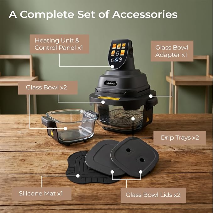 Lifelong Dual Glass Basket Air Fryer | Interchangeable Borosilicate Glass Bowls (4.1L, 1.6L) with Lids | 1500W, 5 Preset, Non-Slip Silicone Mat, DIY Mode, Toxin Free, No Coatings, 360° Air Circulation