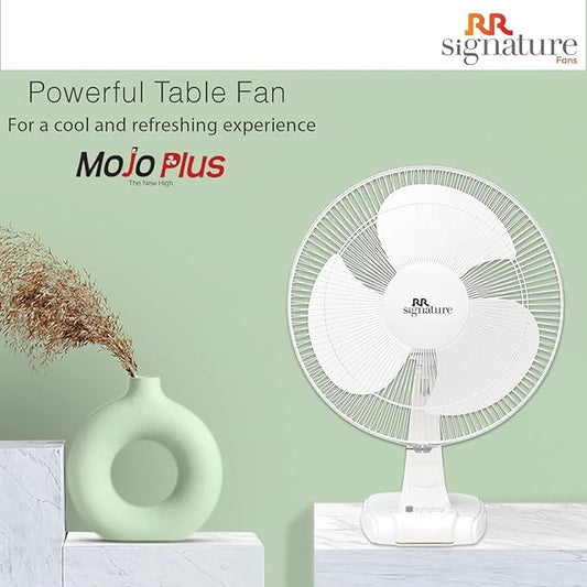 RR Signature Mojo Plus Table Fan NS (1350 RPM, 130 Watt, 3 Years Manufacturer Warranty, 400 mm, 100 cmm, Compact and Portable, Best For Home and Office Use) White