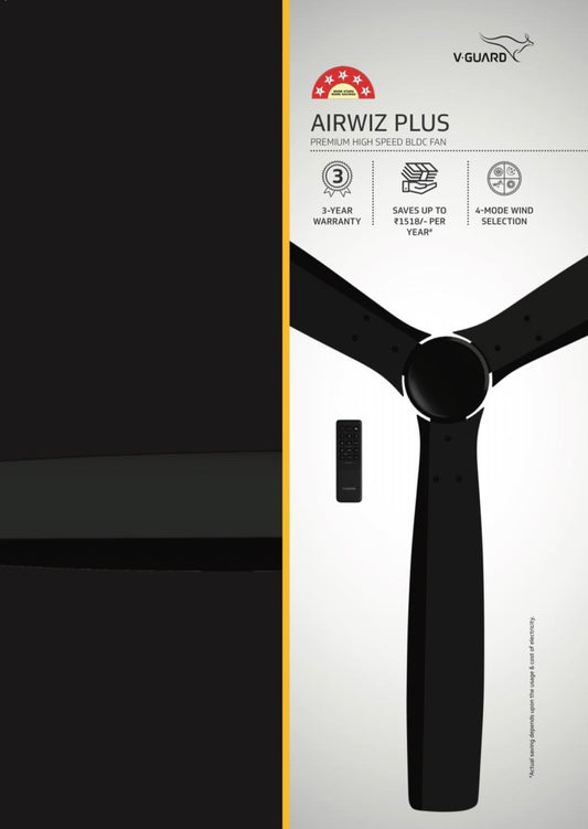 V-Guard AIRWIZ PLUS PREMIUM HIGH SPEED (48") 370 RPM with 3 Year Warranty BLDC Motor with Remote 1200 mm Ceiling Fan (5 Star | SPACE BLACK