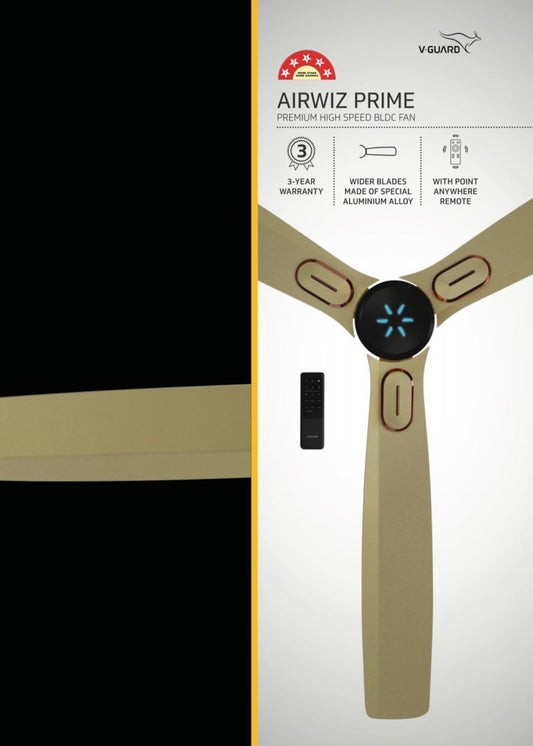 V-Guard AIRWIZ PRIME PREMIUM HIGH SPEED (48") 370 RPM with 3 Year Warranty BLDC Motor with Remote 1200 mm Ceiling Fan Imperial Gold