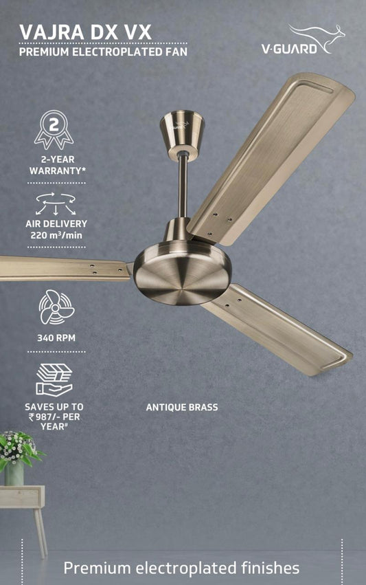 V-Guard VAJRA DX ( 48") 1200 mm Anti Dust 3 Blade Ceiling Fan (Antique Brass, Pack of 1)