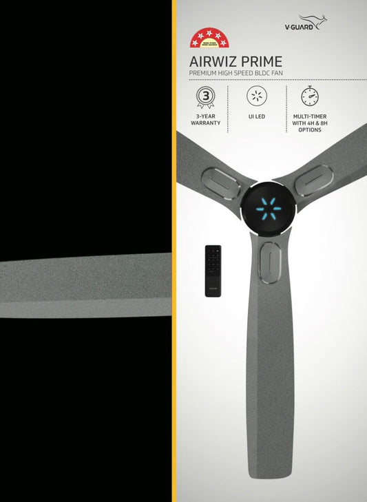 V-Guard AIRWIZ PRIME PREMIUM HIGH SPEED (48") 370 RPM with 3 Year Warranty BLDC Motor with Remote 1200 mm Ceiling Fan Titanium Chrome