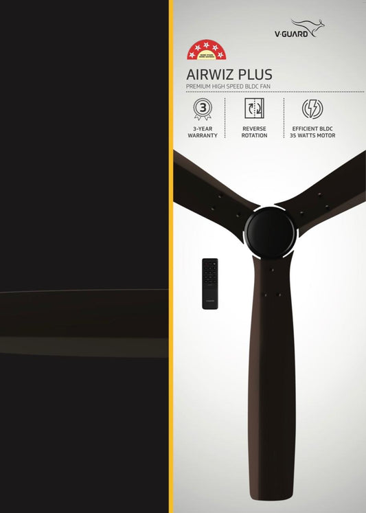 V-Guard AIRWIZ PLUS PREMIUM HIGH SPEED (48") 370 RPM with 3 Year Warranty BLDC Motor with Remote 1200 mm Ceiling Fan (5 Star | MATTE BROWN