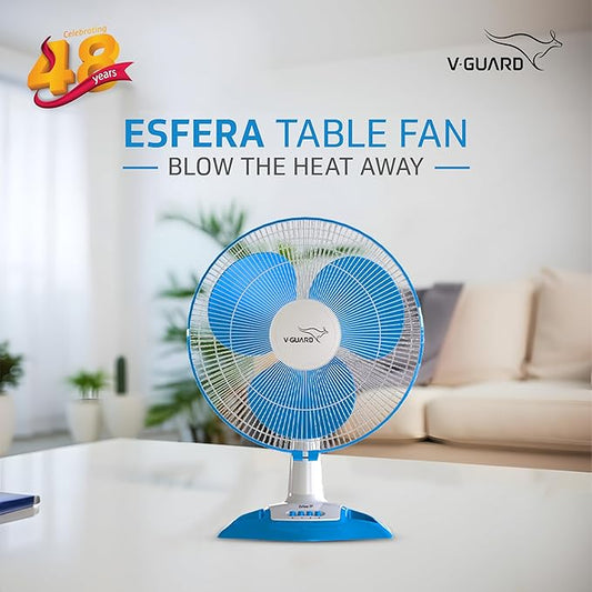 V-Guard Esfera Table Fan | 3 Speed Settings | 1350 RPM Powerful Motor | Corrosion Resistant Powder-Coated Metal Guards | White Blue | 40cm (400mm)