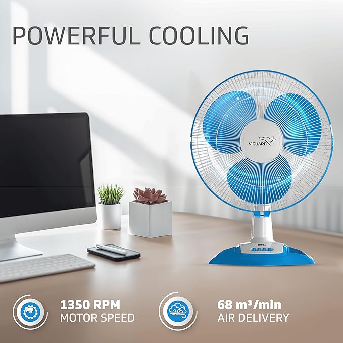 V-Guard Esfera Table Fan | 3 Speed Settings | 1350 RPM Powerful Motor | Corrosion Resistant Powder-Coated Metal Guards | White Blue | 40cm (400mm)