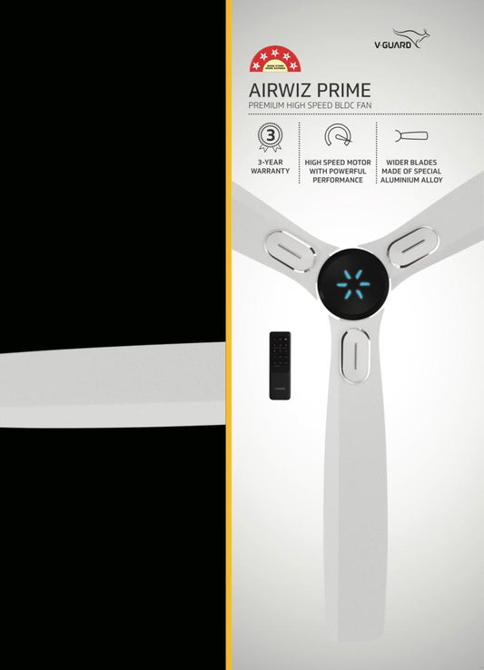 V-Guard AIRWIZ PRIME PREMIUM HIGH SPEED (48") 370 RPM with 3 Year Warranty BLDC Motor with Remote 1200 mm Ceiling Fan Blossom White