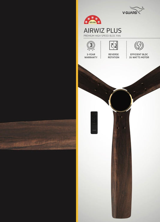 V-Guard AIRWIZ PLUS PREMIUM HIGH SPEED (48") 370 RPM with 3 Year Warranty BLDC Motor with Remote 1200 mm Ceiling Fan (5 Star | CHOCO TEAK WOOD