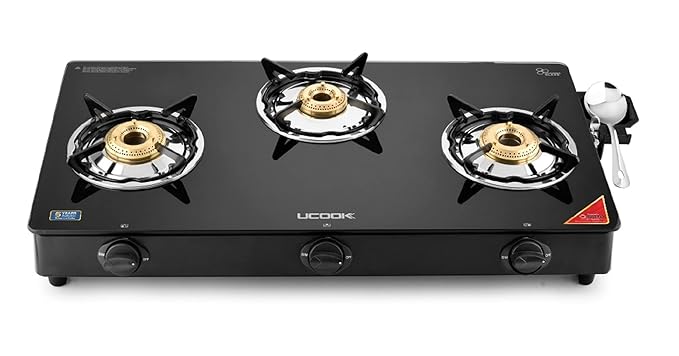 UCOOK Junto By United Ekta Engg. CG1003 Series Basic Gas Stove With Glass Cooktop (3 Burners), Manual, Black