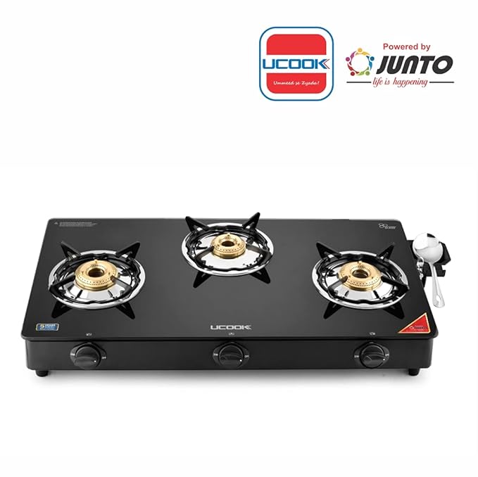 UCOOK Junto By United Ekta Engg. CG1003 Series Basic Gas Stove With Glass Cooktop (3 Burners), Manual, Black