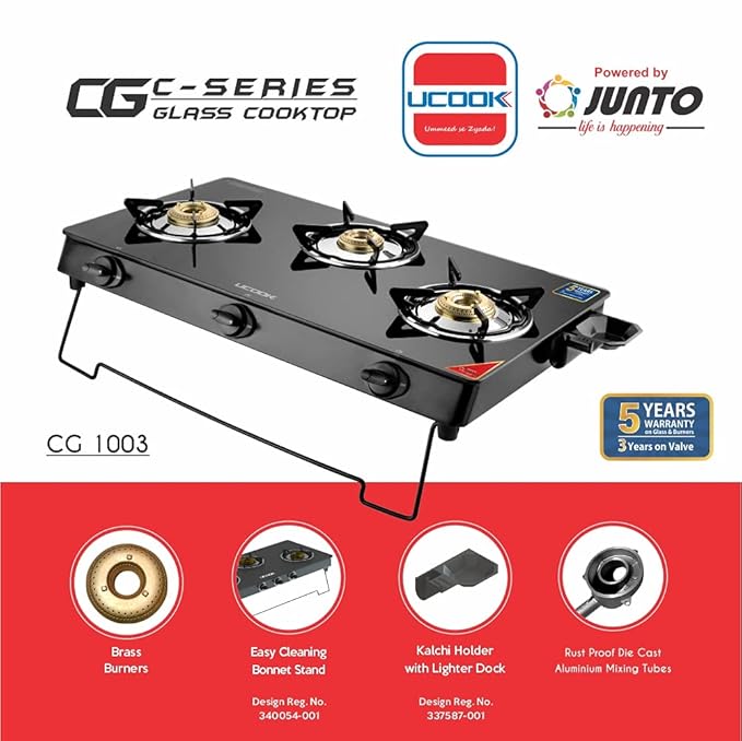 UCOOK Junto By United Ekta Engg. CG1003 Series Basic Gas Stove With Glass Cooktop (3 Burners), Manual, Black