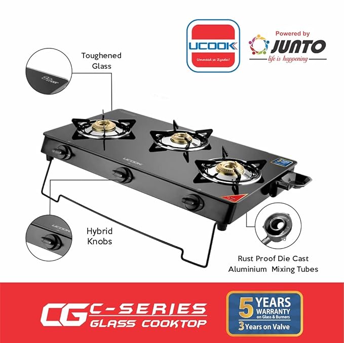 UCOOK Junto By United Ekta Engg. CG1003 Series Basic Gas Stove With Glass Cooktop (3 Burners), Manual, Black