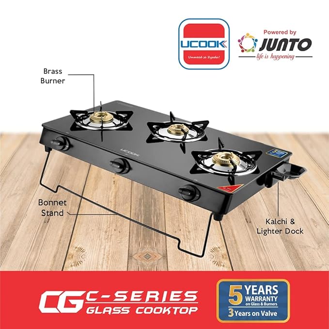 UCOOK Junto By United Ekta Engg. CG1003 Series Basic Gas Stove With Glass Cooktop (3 Burners), Manual, Black