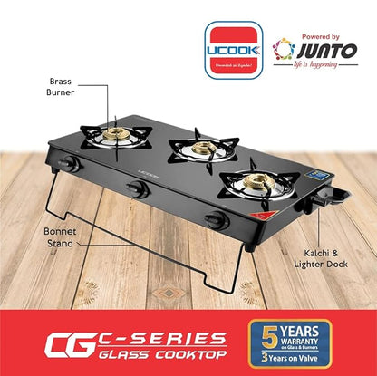 UCOOK Junto By United Ekta Engg. CG1003 Series Basic Gas Stove With Glass Cooktop (3 Burners), Manual, Black