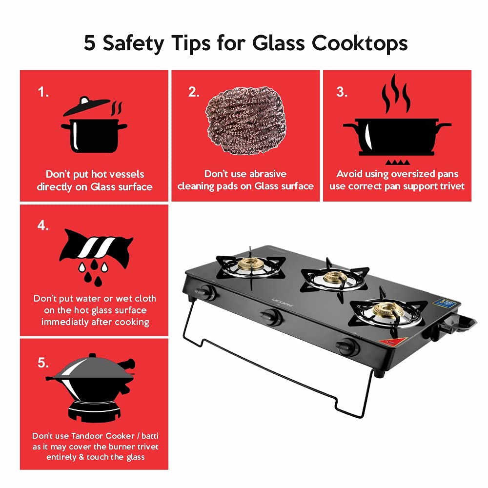 UCOOK Junto By United Ekta Engg. CG1003 Series Basic Gas Stove With Glass Cooktop (3 Burners), Manual, Black