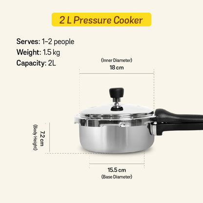 Meyer Presta Tri-Ply Stainless Steel Pressure Cooker 2.0L | Induction & Gas Compatible | ISI Certified | Outer Lid | 5 Years Warranty