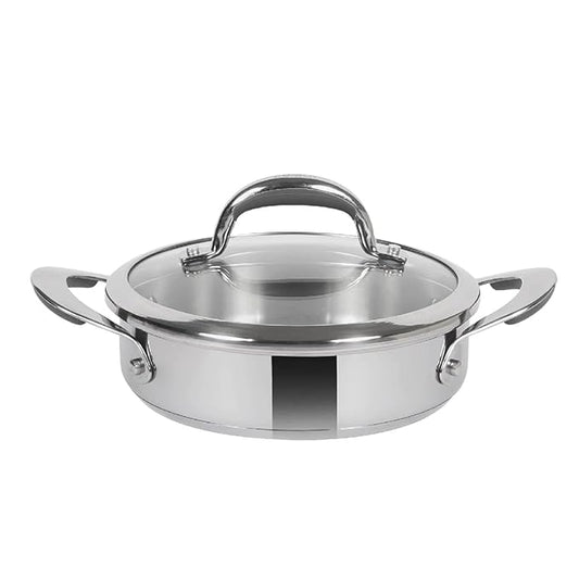 Meyer Select Nickel Free Stainless Steel Sauteuse with Glass Lid | Steel Saute Pan with Triply Base | Frying Pan with Lid | Gas and Induction Suitable | 28cm/ 4.7 Litre, Silver Visit the Meyer Store