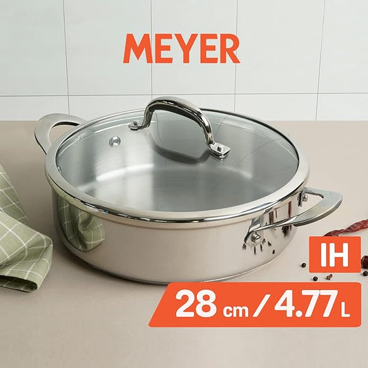 Meyer Select Nickel Free Stainless Steel Sauteuse with Glass Lid | Steel Saute Pan with Triply Base | Frying Pan with Lid | Gas and Induction Suitable | 28cm/ 4.7 Litre, Silver Visit the Meyer Store