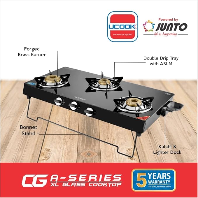 UCOOK JUNTO By United Ekta Engg. CG4003 A Series XL Gas Stove With Glass Cooktop (3 Burners)