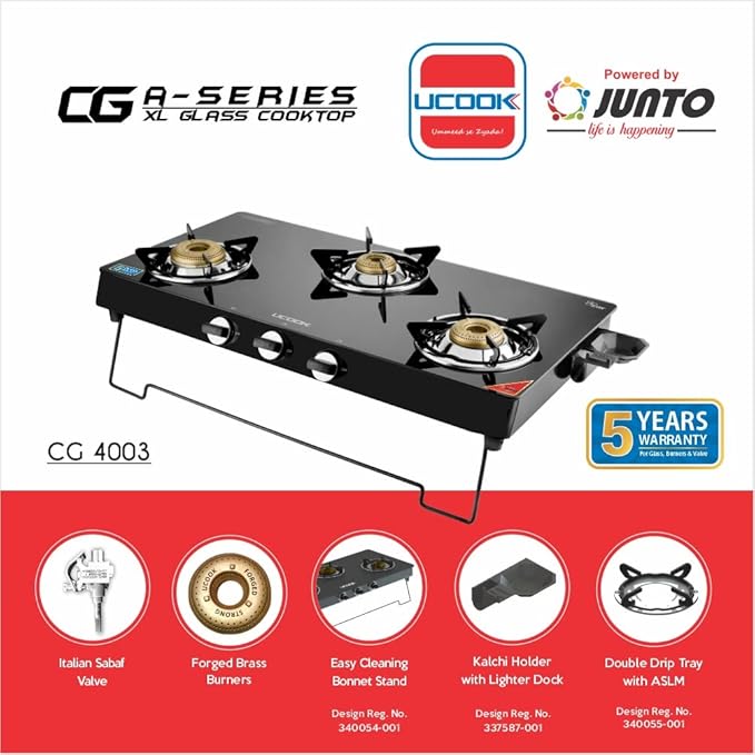 UCOOK JUNTO By United Ekta Engg. CG4003 A Series XL Gas Stove With Glass Cooktop (3 Burners)