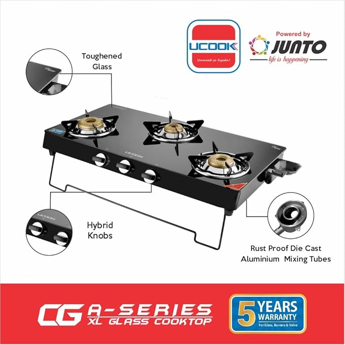 UCOOK JUNTO By United Ekta Engg. CG4003 A Series XL Gas Stove With Glass Cooktop (3 Burners)