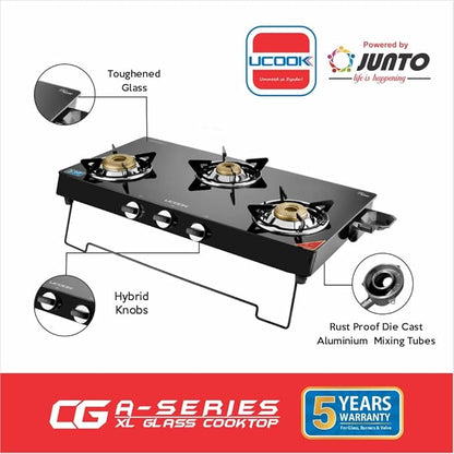 UCOOK JUNTO By United Ekta Engg. CG4003 A Series XL Gas Stove With Glass Cooktop (3 Burners)