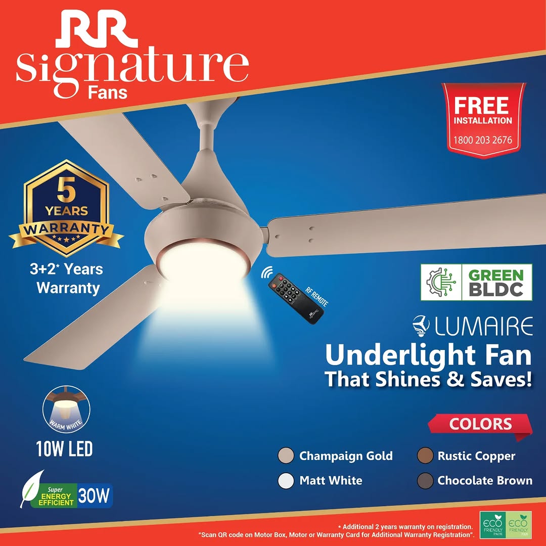 RR Signature Lumaire BLDC Ceiling Fan with 10W Led & Remote 1200 mm (Free Installation) Designed for Comfort, Crafted for Style!