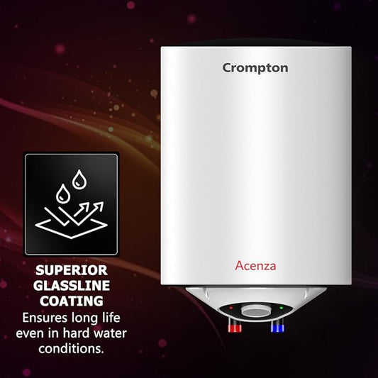 Crompton Acenza Plus 15L Storage Water Heater, ASWH-6115 | 4 Star BEE Rated | Superior Glassline Coated Tank | 8 Bar Pressure | Copper Heating Element | Advanced 3-Level Safety | White