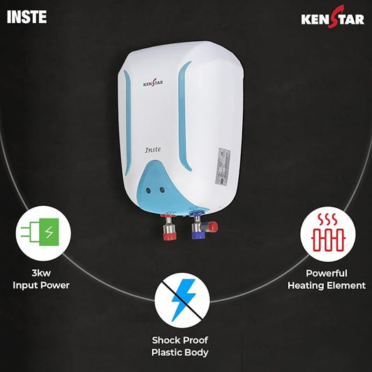 Kenstar Inste 3L 3KW Vertical Instant Water Heater (Geyser) | Faster Heating | Suitable for High Rise Buildings & Low Rise | 3 Levels of Safety |2 Years Warranty (WHITE And TURQUOISE), Wall Mounting